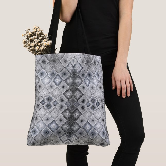 Silver & Grey Geometric Abstract Lattice Texture Tote Bag (Close Up)