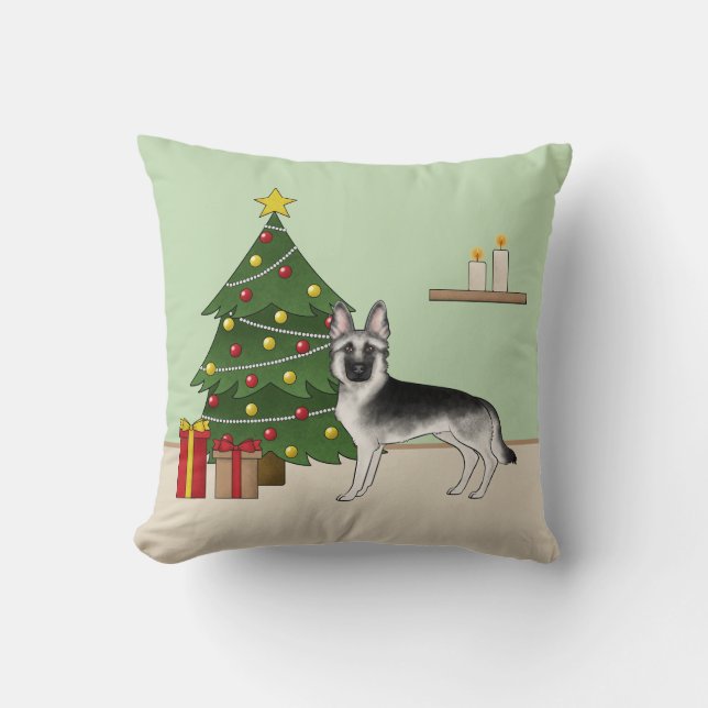 Silver Grey German Shepherd Festive Christmas Tree Cushion (Front)