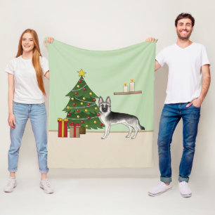 Silver Grey German Shepherd Festive Christmas Tree Fleece Blanket