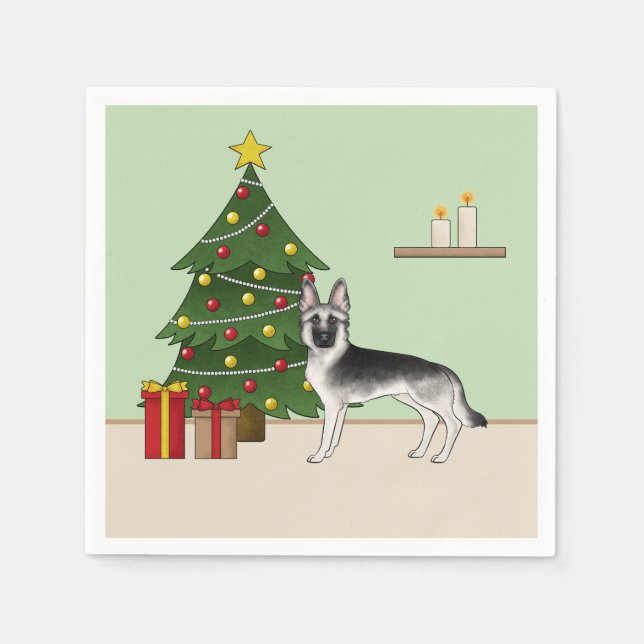 Silver Grey German Shepherd Festive Christmas Tree Napkin (Front)