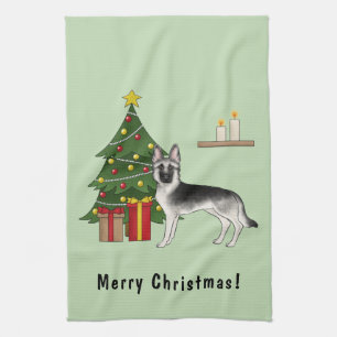 Silver Grey German Shepherd Festive Christmas Tree Tea Towel