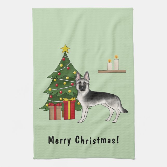Silver Grey German Shepherd Festive Christmas Tree Tea Towel (Vertical)