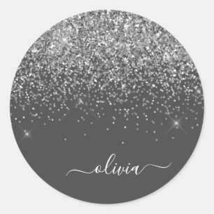 Silver Grey Girly Glitter Sparkle Monogram Name Classic Round Sticker