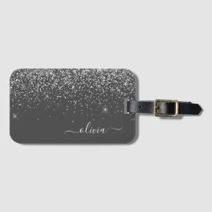 Silver Grey Girly Glitter Sparkle Monogram Name Luggage Tag