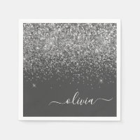 Silver Grey Girly Glitter Sparkle Monogram Name