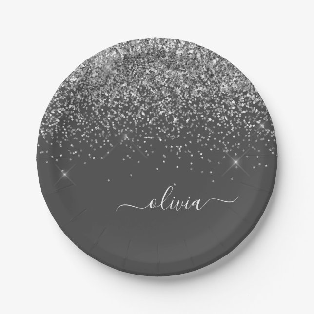 Silver Grey Girly Glitter Sparkle Monogram Name Paper Plate (Front)
