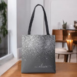 Silver Grey Girly Glitter Sparkle Monogram Name Tote Bag<br><div class="desc">Charcoal Grey (Grey) and Silver Faux Sparkle and Glitter Elegant Monogram Book Bag. This Book Bag can be customised to include your initial and first name and given as a gift for Christmas,  Sweet 16 Birthday,  Bridal Shower or a Wedding.</div>