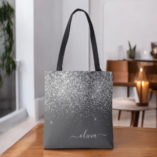 Silver Grey Girly Glitter Sparkle Monogram Name Tote Bag