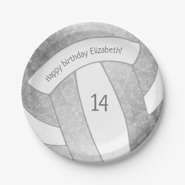 silver grey girly volleyball birthday party paper plate (Front)