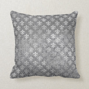 Silver Grey Glam Glass Glitter Fleur de Lis Cushion
