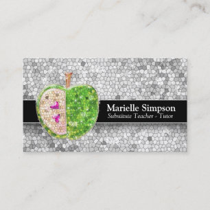 Silver Grey Glitter Apple Substitute Teacher Tutor Business Card
