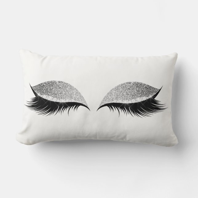 Silver Grey Glitter Black Glam Make Up Confetti Lumbar Cushion (Front)