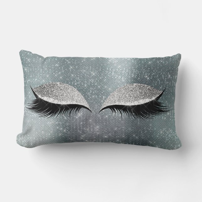 Silver Grey Glitter Black Glam Make Up Teal Sequin Lumbar Cushion (Front)
