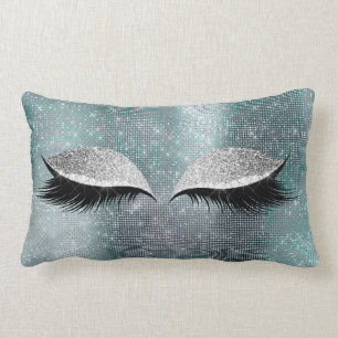 Silver Grey Glitter Black Glam Make Up Teal Sequin Lumbar Cushion