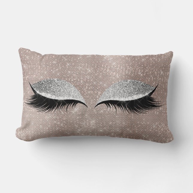 Silver Grey Glitter Black Glam MakeUp Blush Sequin Lumbar Cushion (Front)