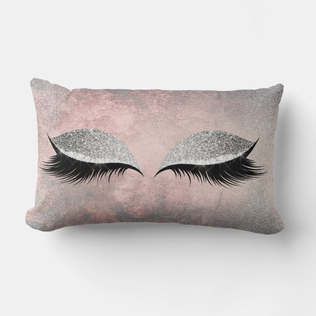Silver Grey Glitter Black Makeup Crystals Pink Lumbar Cushion (Front)