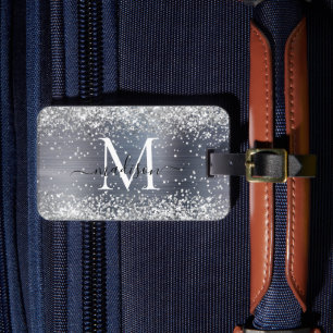 Silver Grey Glitter Brushed Metal Monogram Script Luggage Tag