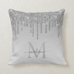 Silver Grey Glitter Drips Glam Monogram Script Cushion<br><div class="desc">Modern Glam Silver Slate Grey Glitter Drips Ombre Monogram Script Throw Pillow</div>