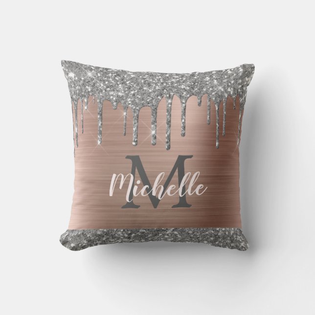 Silver Grey Glitter Drips Pink Metal Monogrammed Cushion (Front)