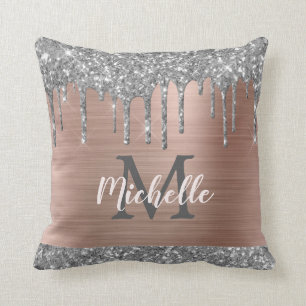 Silver Grey Glitter Drips Pink Metal Monogrammed Cushion