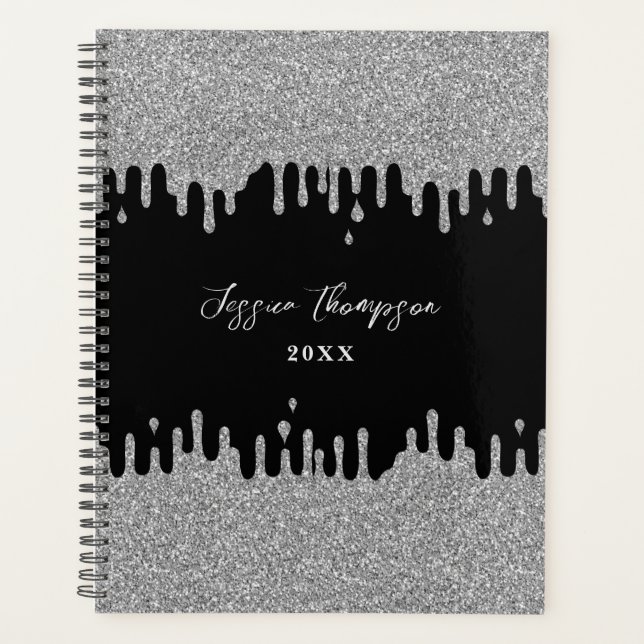 Silver Grey Glitter Drips Signature Script Planner (Front)