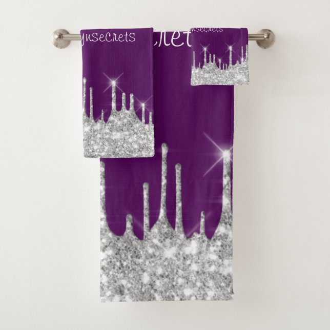 Silver Grey Glitter Effect Drips Plum Purple Name Bath Towel Set (Insitu)