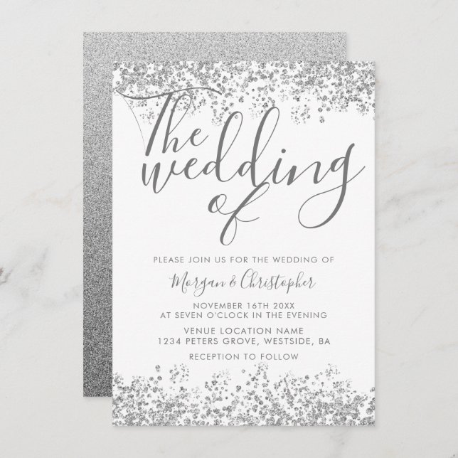Silver Grey Glitter Elegant Modern Wedding Invitation (Front/Back)