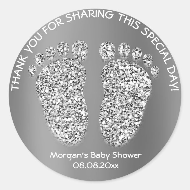 Silver Grey Glitter Feet Baby Shower Favour Thank Classic Round Sticker (Front)