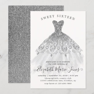 Silver Grey Glitter Glam Dress Sweet 16th Birthday Invitation