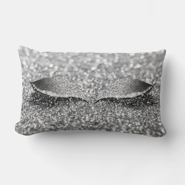 Silver Grey Glitter Lash Glam Makeup Monochroatic Lumbar Cushion (Front)