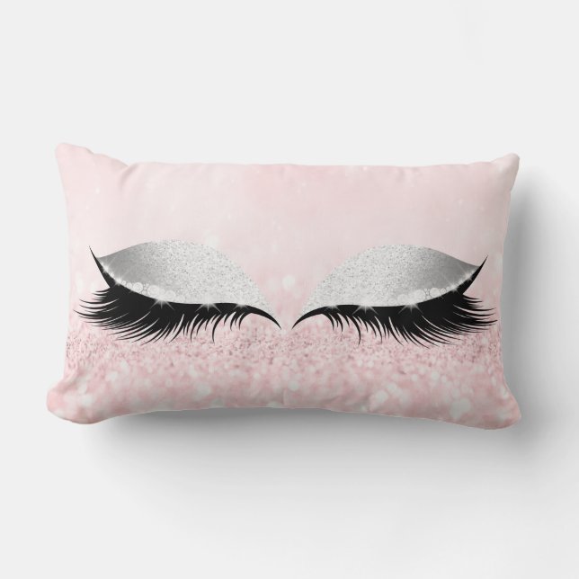 Silver Grey Glitter Lash Glam Makeup Pink Pastel Lumbar Cushion (Front)
