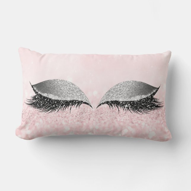 Silver Grey Glitter Lash Glam Makeup Pink Princess Lumbar Cushion (Front)
