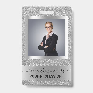 Silver Grey Glitter Look Bling Diamond Business ID Badge