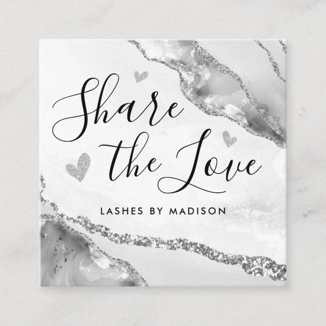 Silver Grey Glitter Marble Agate Chic Monogram Referral Card (Front)