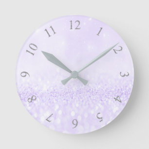 Silver Grey Glitter Minimal Lavender Purple Round Clock