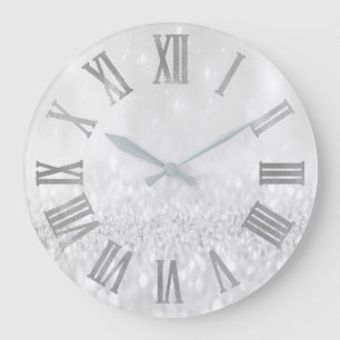 Silver Grey Glitter Minimal Metallic Roman Numers Large Clock