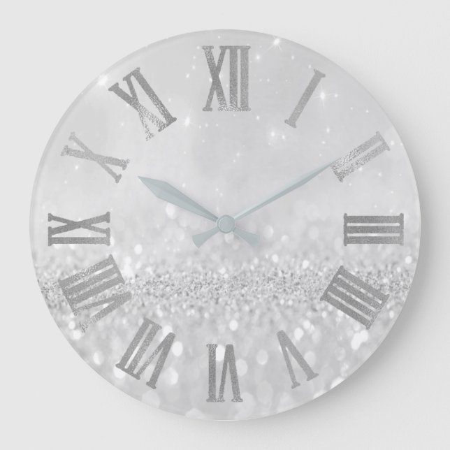 Silver Grey Glitter Minimal Metallic Roman Numers Large Clock (Front)