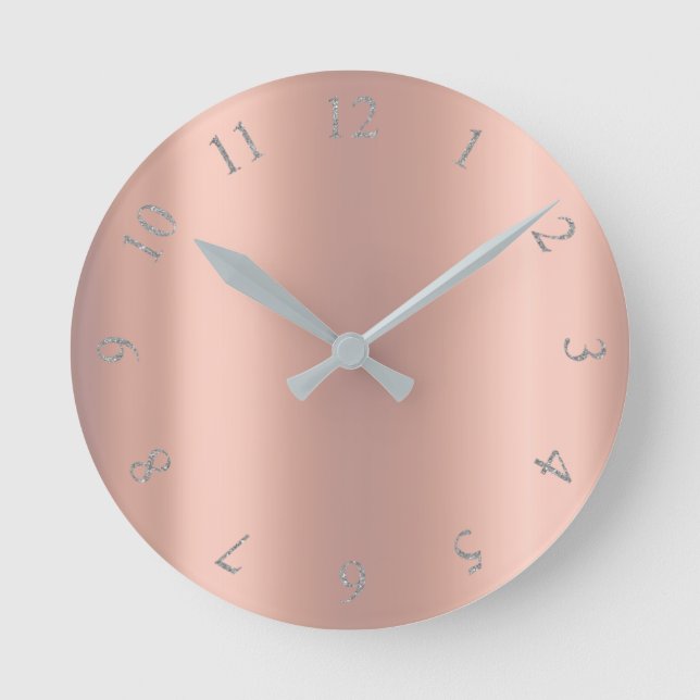 Silver Grey Glitter Minimal Pink Rose Copper Peach Round Clock (Front)