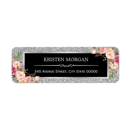 Silver Grey Glitter Sparkles Classy Pink Floral Return Address Label