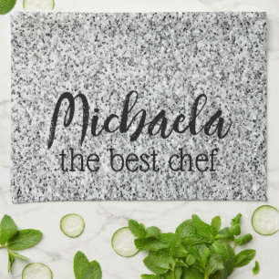 Silver grey glitter sparkles Custom name best Chef Tea Towel