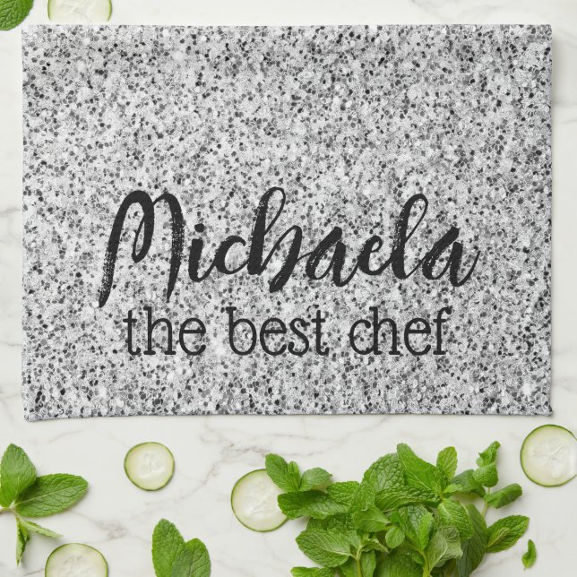Silver grey glitter sparkles Custom name best Chef Tea Towel (Folded)