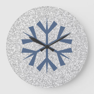 Silver Grey Glitter With Blue Snowflake Large Clock