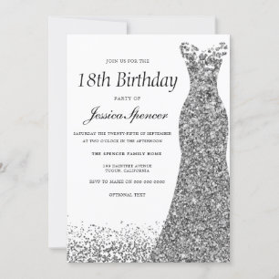 Silver Grey Glitter Womans 18th Birthday Party Invitation