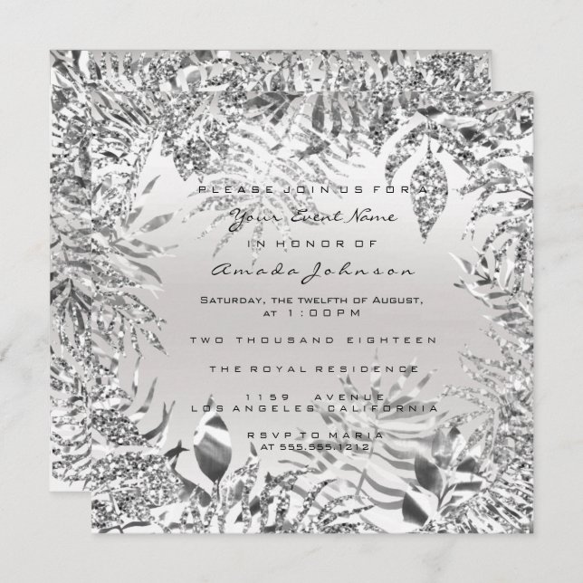 Silver Grey GlitterMetal Tropical Leaf White Frame Invitation (Front/Back)
