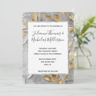 Silver Grey Gold Leaves Wedding Invitation