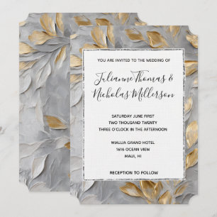 Silver Grey Gold Leaves Wedding Invitation
