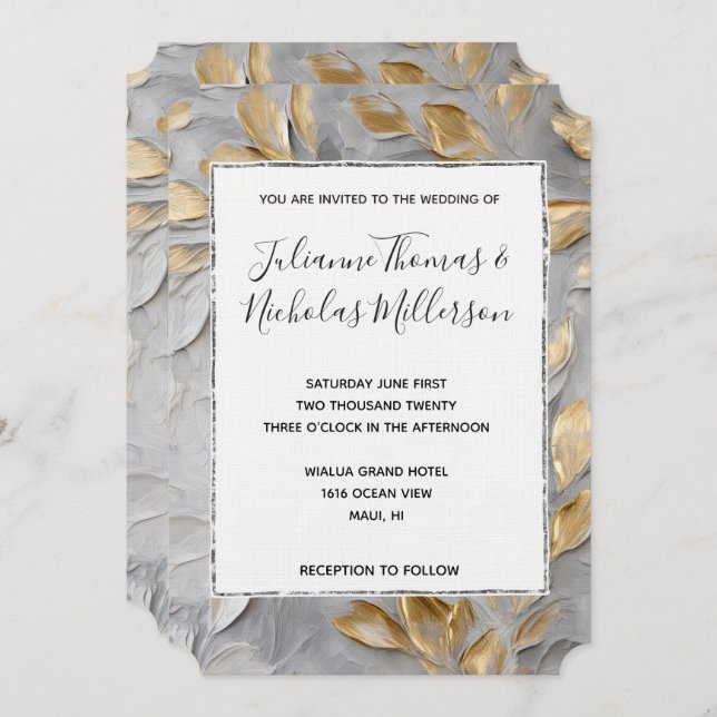 Silver Grey Gold Leaves Wedding Invitation (Front/Back)