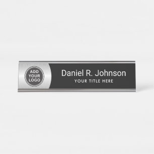 Silver grey gradient custom logo modern black Desk Name Plate