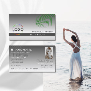 Silver Grey Gradient Palm Leaf Logo and Photo Business Card