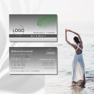 Silver Grey Gradient Palm Leaf with Logo Stylish Business Card
